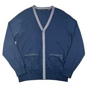Greg Norman Shark Logo Navy Gray Trim Button Front Cardigan Sweater Men’s L